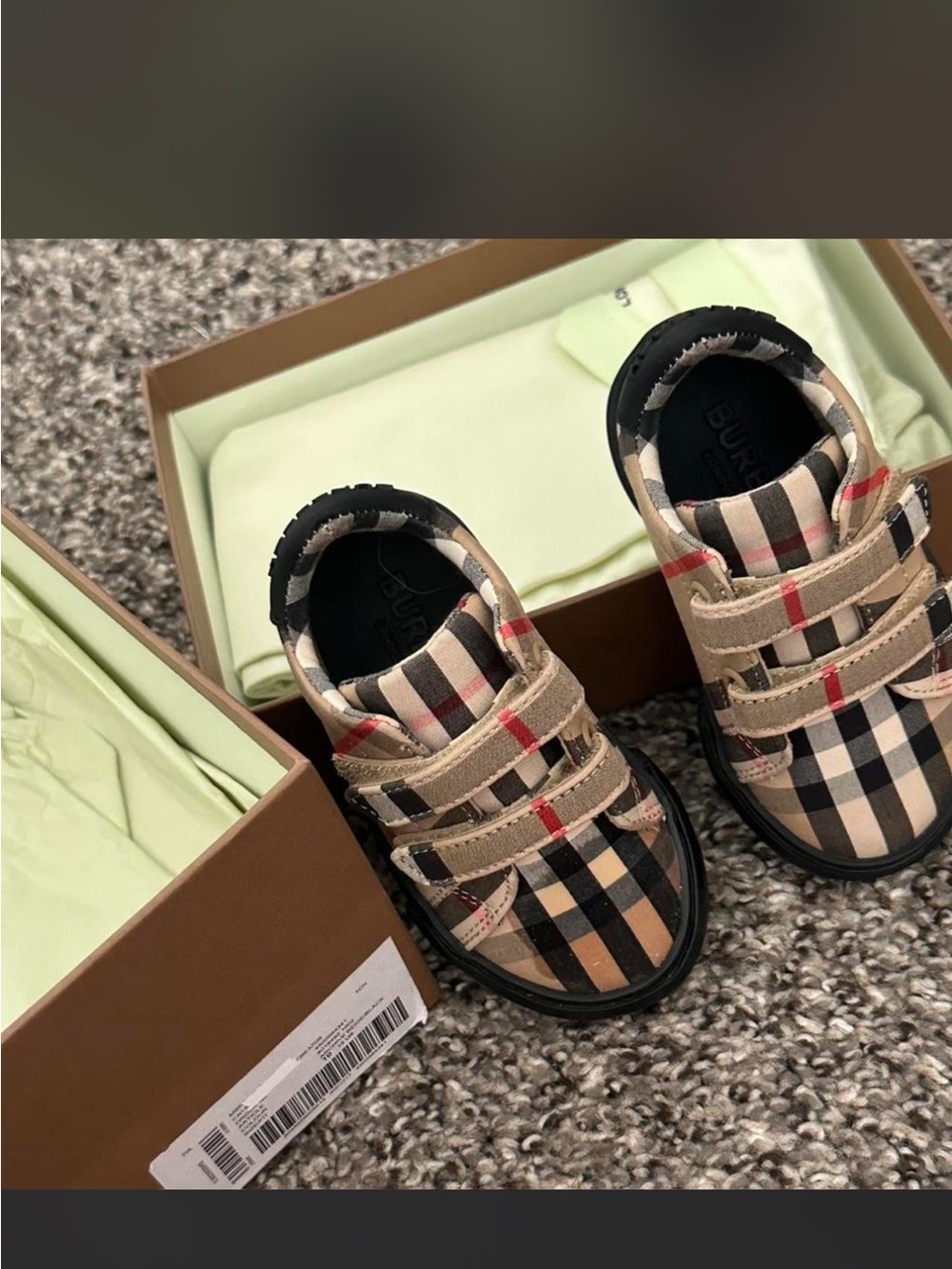 Burberry Kids Classic Check Velcro Sneakers in Beige, Black & Red